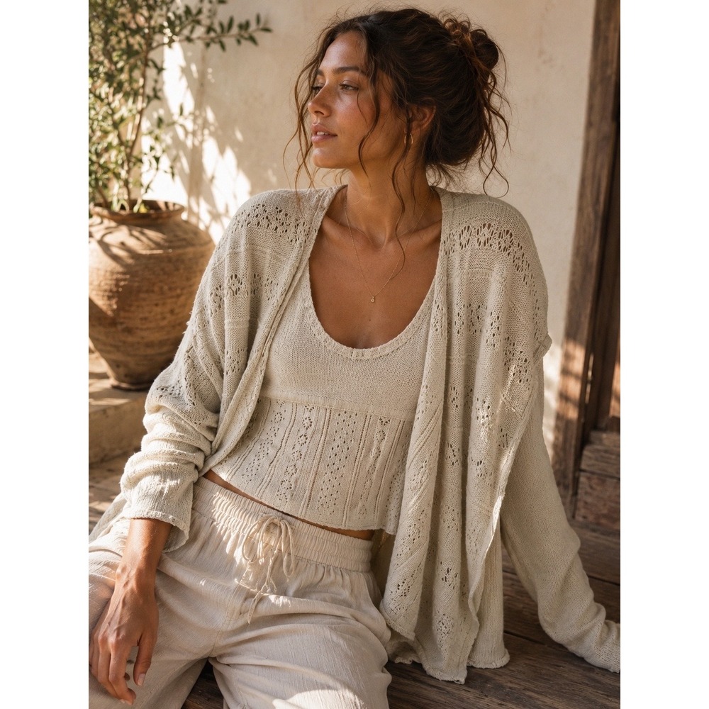 Knitted & Knotted Anthropologie Cream Pointelle Wool Rabbit Hair Cardigan Small